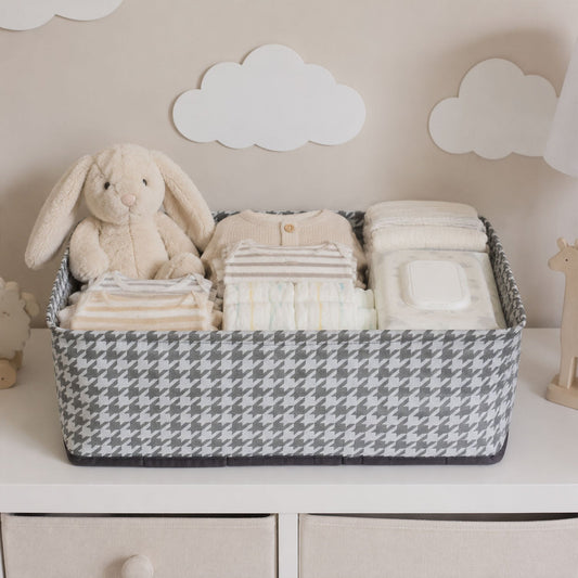 Foldable fabric organizer basket by Wukusy for clothes and toys, showing a soft, lightweight storage box with handles.