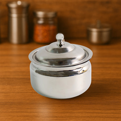 Premium stainless steel ghee pot by Wukusy, featuring a sleek lid and handle, ideal for storing and serving ghee in the kitchen.