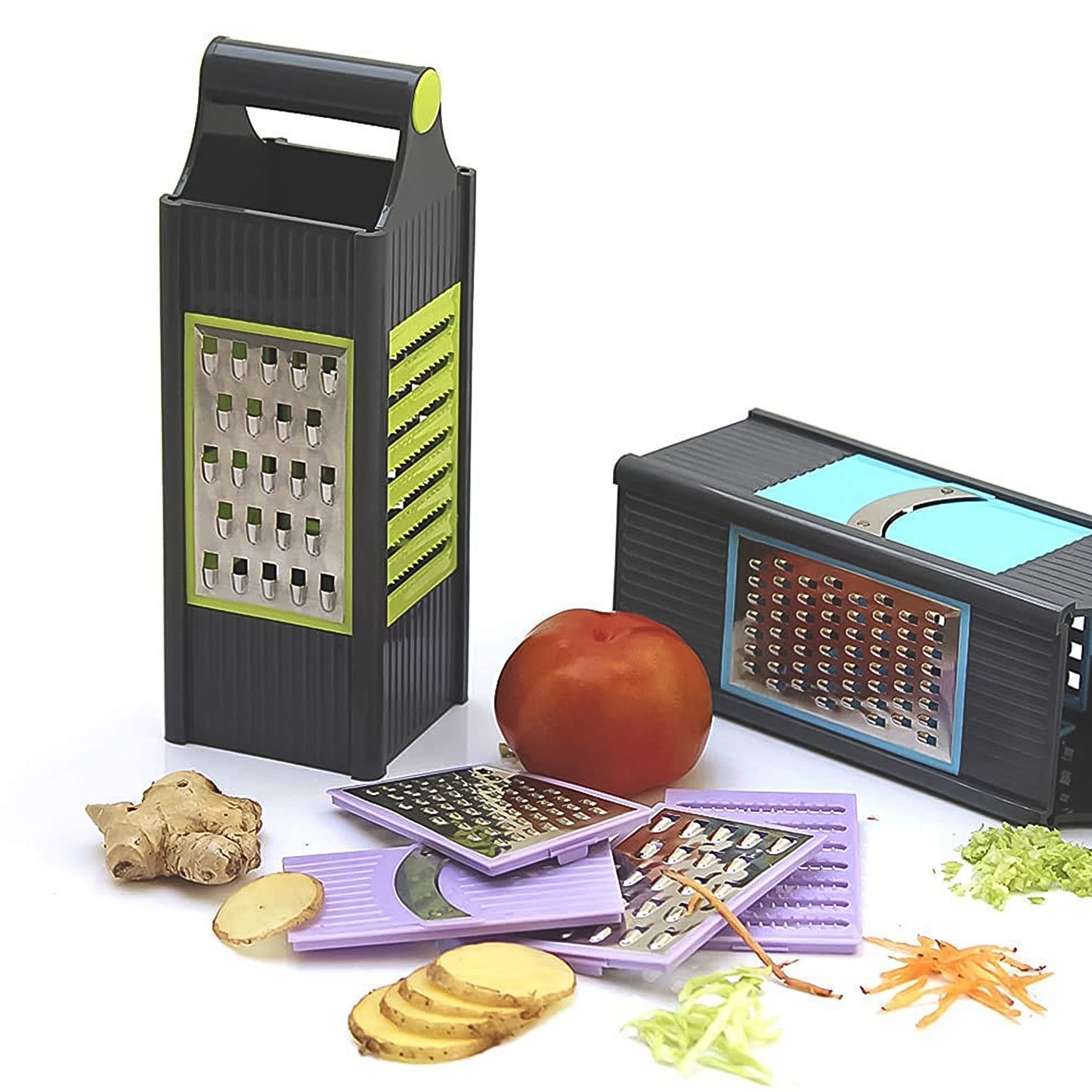 Wukusy 4-in-1 vegetable and fruit slicer grater made of steel and plastic, showing multiple slicing and grating blades.