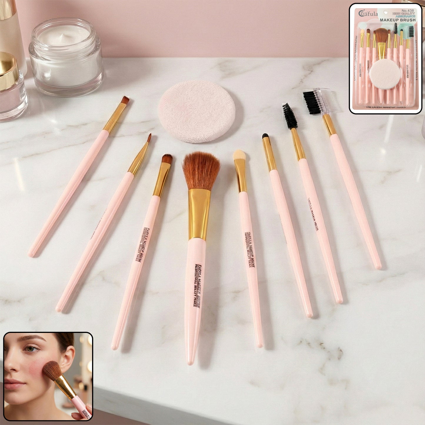 Wukusy 9-in-1 professional makeup brush set with various brushes for foundation, eyeshadow, blush, and contouring.