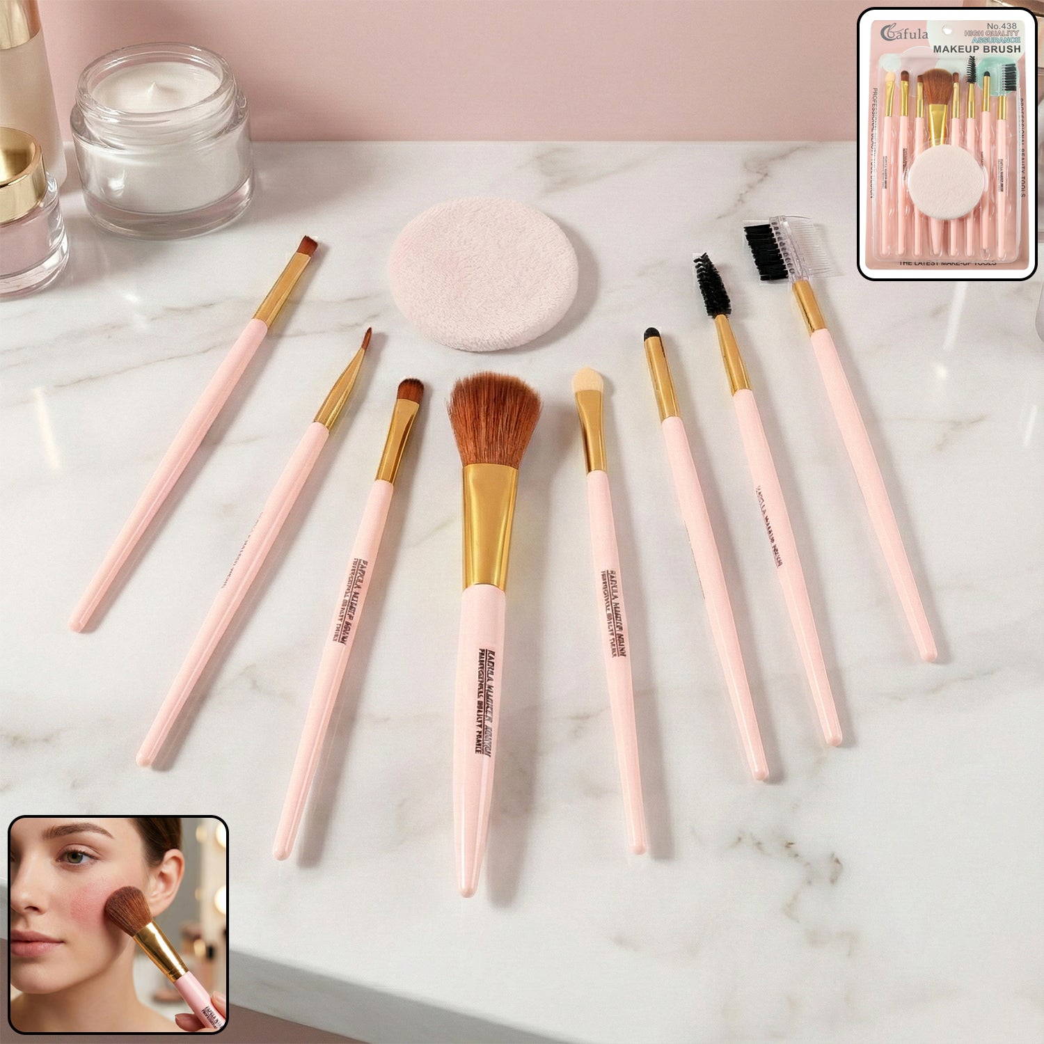 Wukusy 9-in-1 professional makeup brush set with various brushes for foundation, eyeshadow, blush, and contouring.