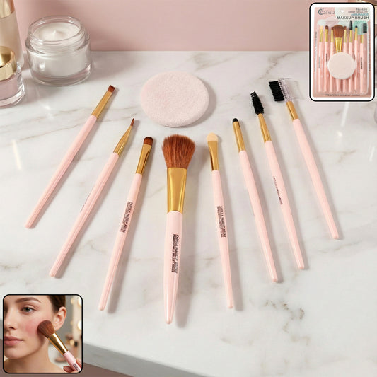Wukusy 9-in-1 professional makeup brush set with various brushes for foundation, eyeshadow, blush, and contouring.