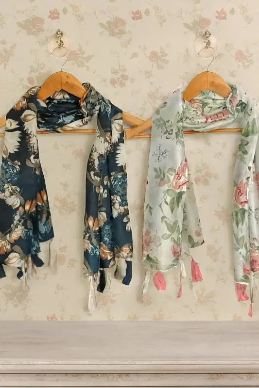 Two printed chiffon stoles in a pack, stylish unisex scarves by Ekom, featuring colorful patterns and lightweight, flowy fabric.