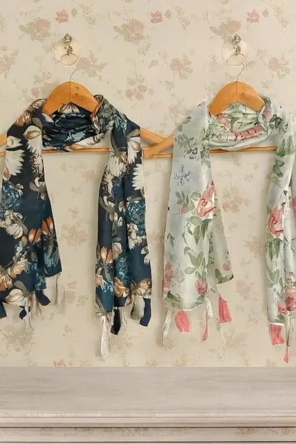 Two printed chiffon stoles in a pack, stylish unisex scarves by Ekom, featuring colorful patterns and lightweight, flowy fabric.