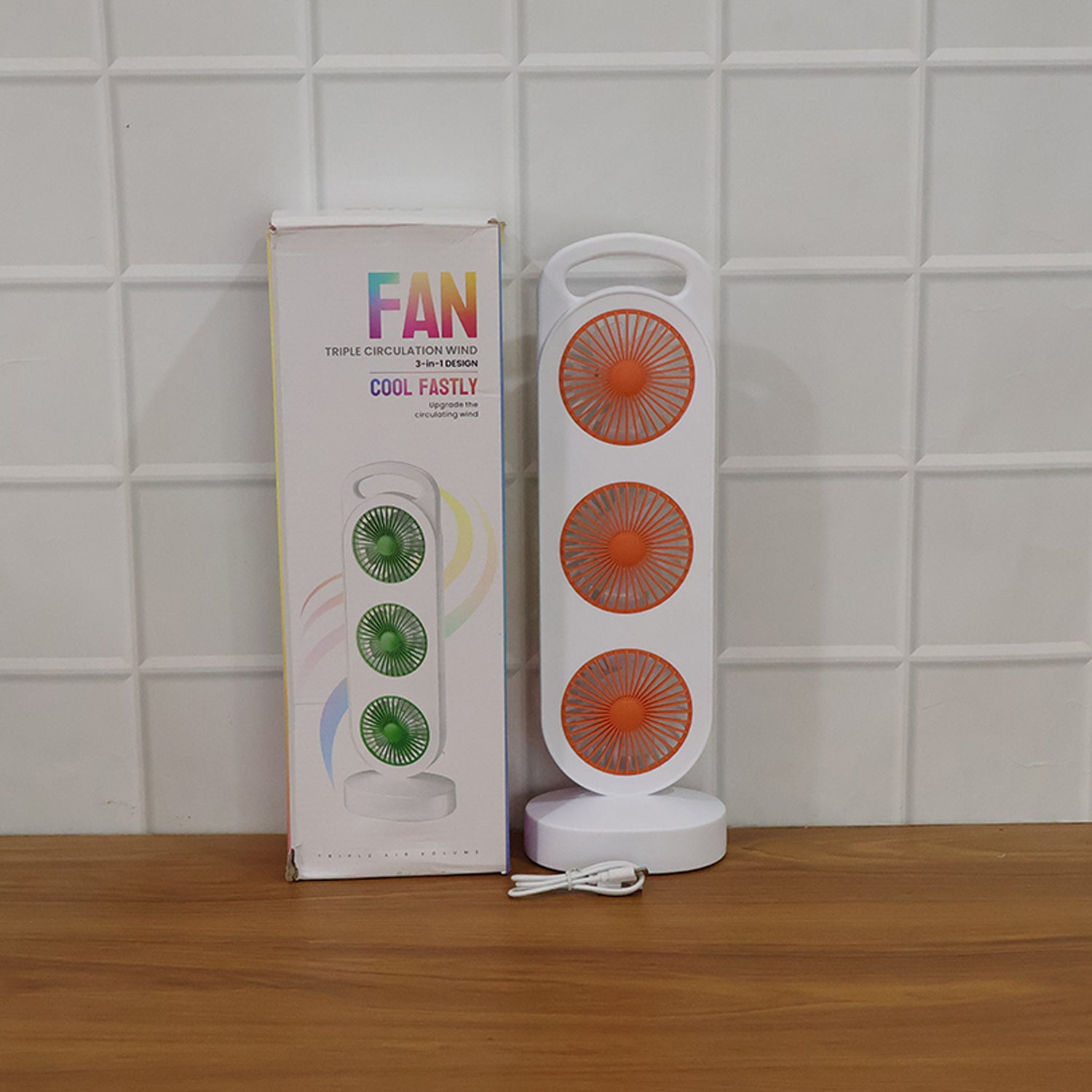 Wukusy portable 3-in-1 triple head table fan with adjustable blades and compact design, shown on a tabletop.