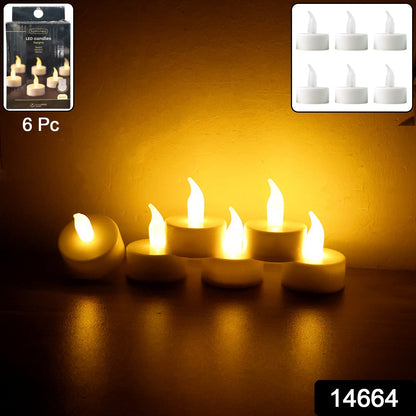 Set of six Wukusy LED flameless tealight candles for home decor, showcasing warm, flickering candlelight without flames.