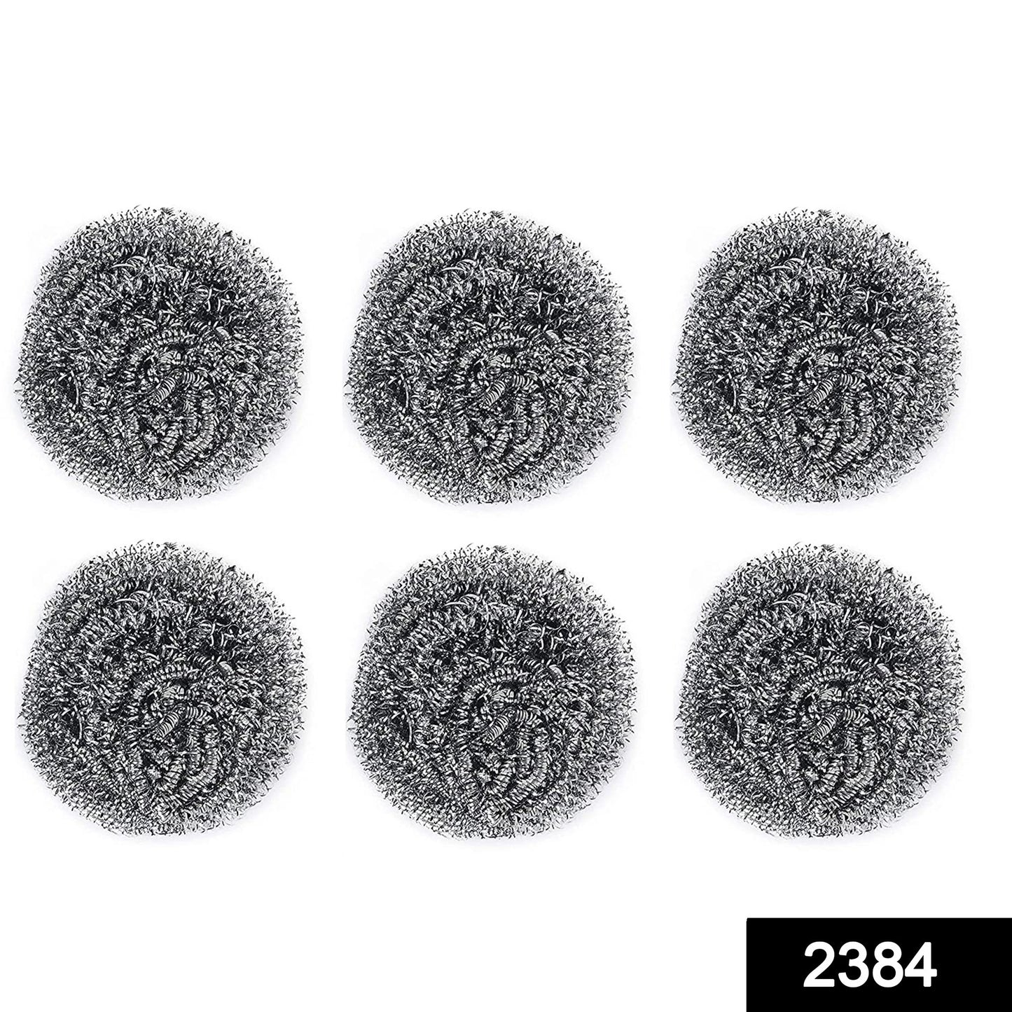 Pack of six Wukusy stainless steel round scrubbers, durable kitchen cleaning tools with metal mesh for scrubbing dishes.
