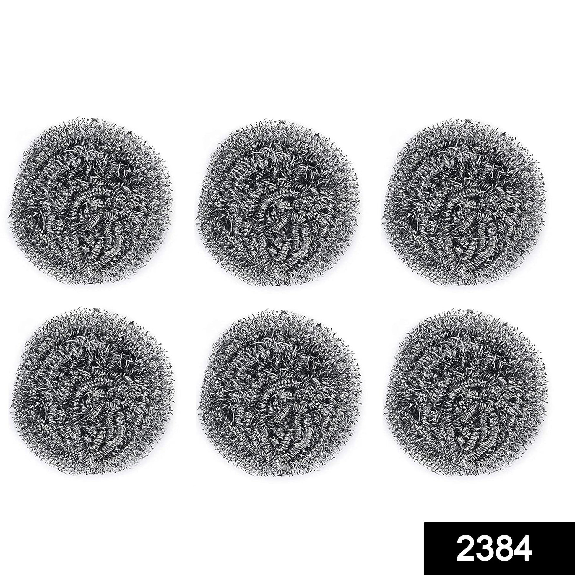 Pack of six Wukusy stainless steel round scrubbers, durable kitchen cleaning tools with metal mesh for scrubbing dishes.