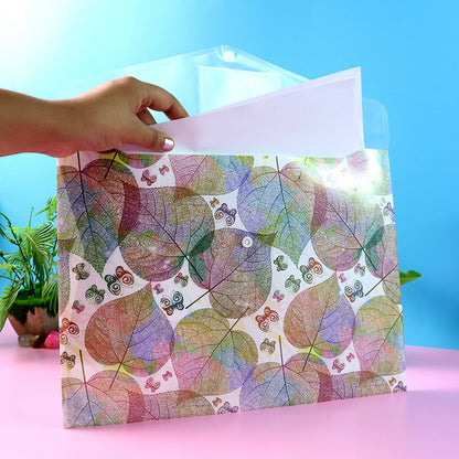 Wukusy printed A4 document folder with leaf design, button closure, and label slot, shown with the folder open and closed.