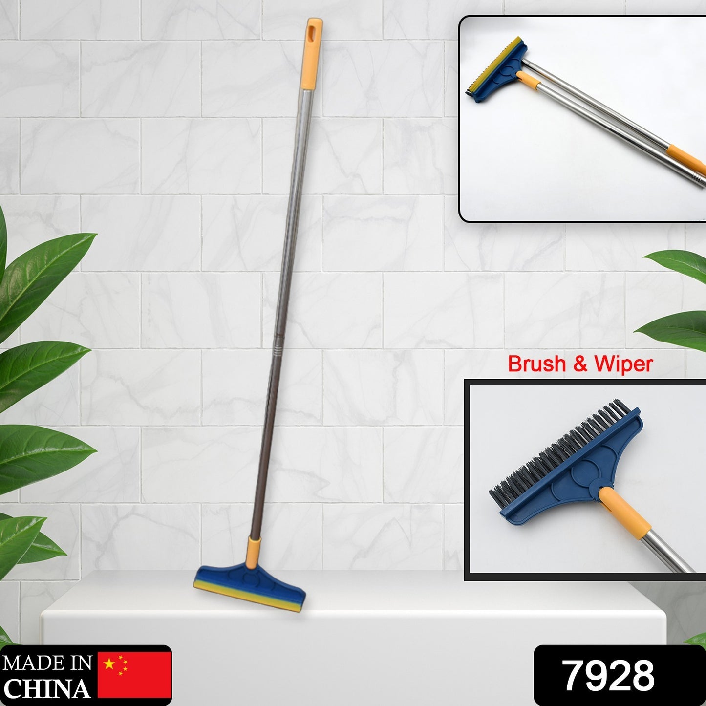 Wukusy 2-in-1 long handle floor cleaning brush with triangular rotating head and wiper for bathroom and kitchen cleaning.