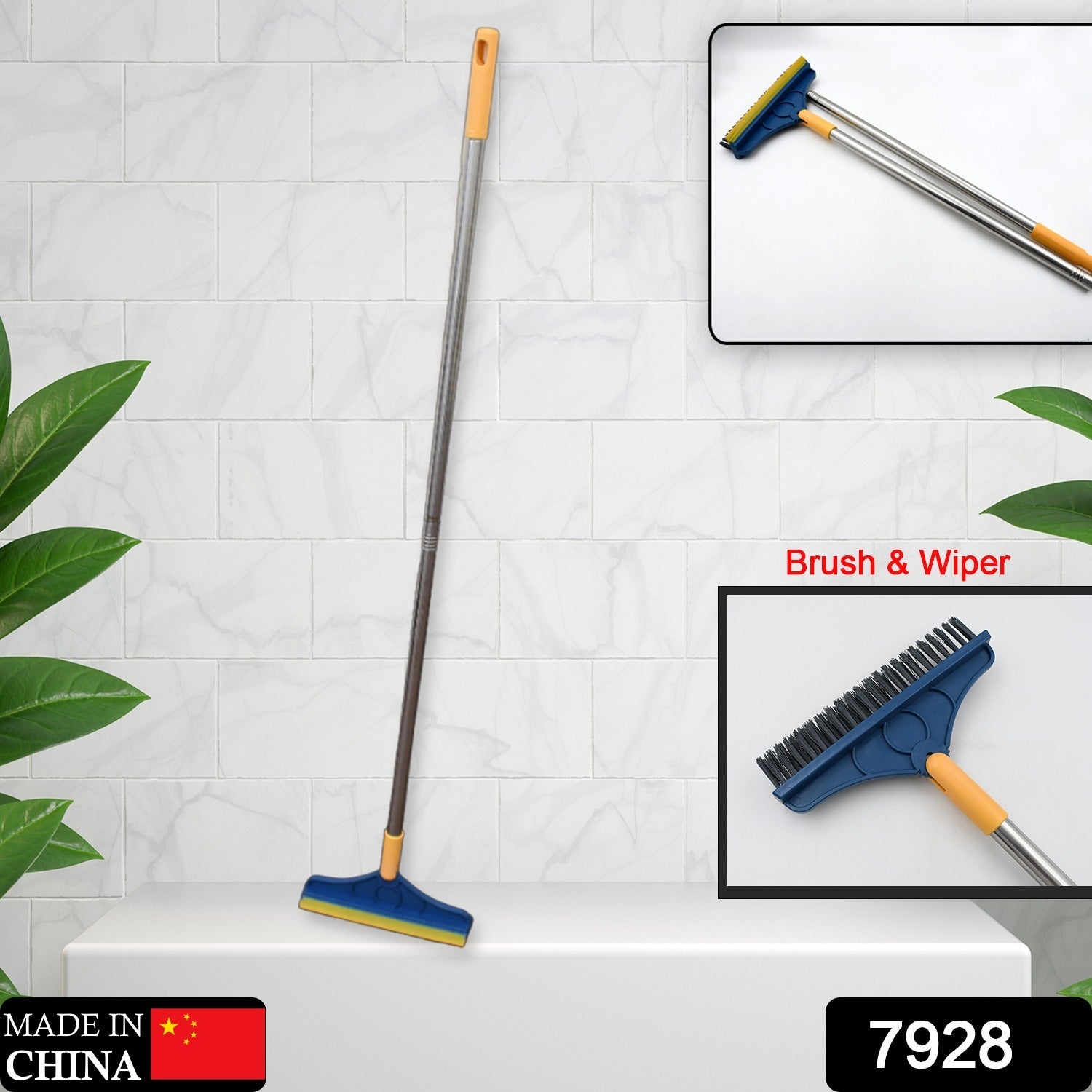 Wukusy 2-in-1 long handle floor cleaning brush with triangular rotating head and wiper for bathroom and kitchen cleaning.