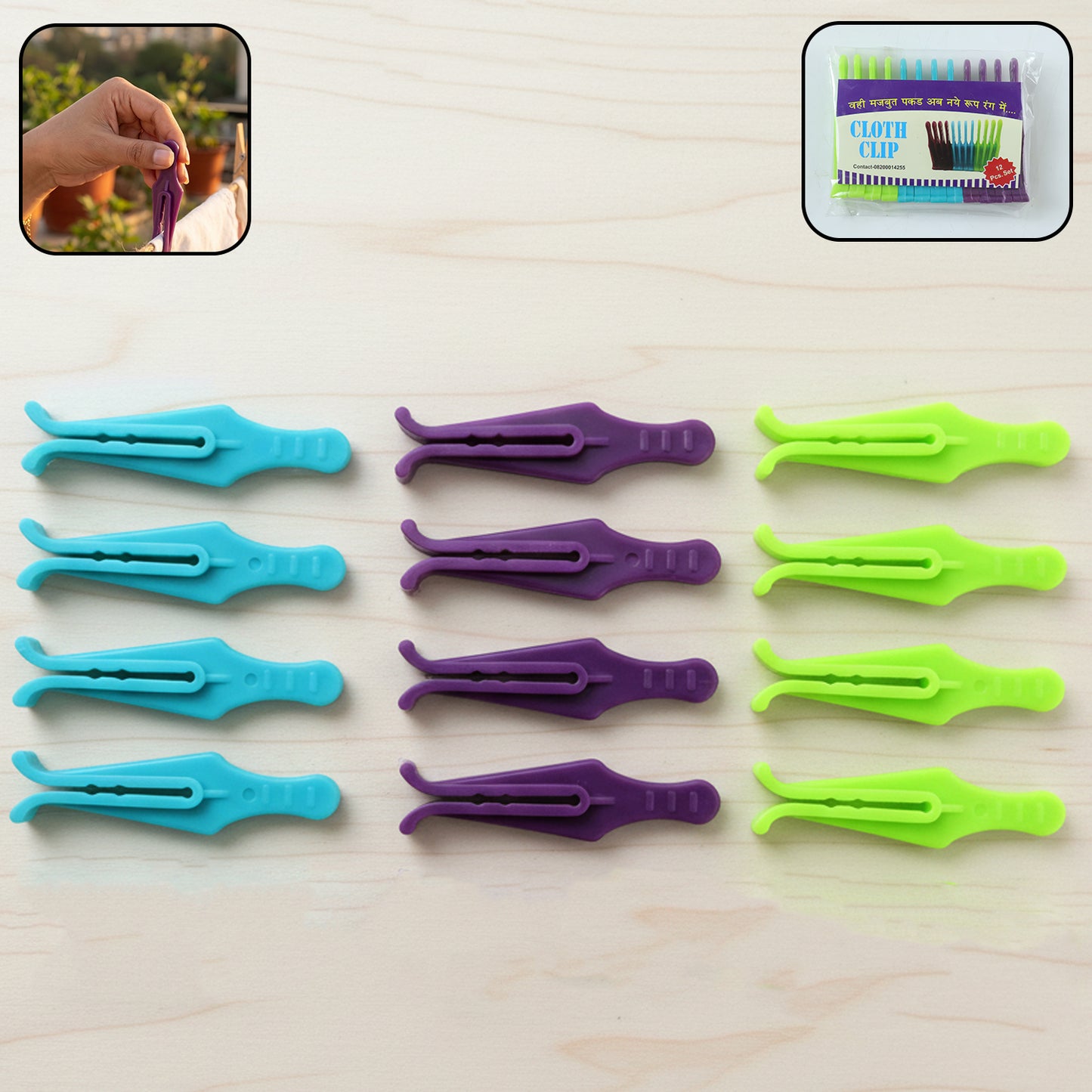 Set of 12 Wukusy premium plastic cloth drying clips with strong grip for laundry, arranged on a clothesline.