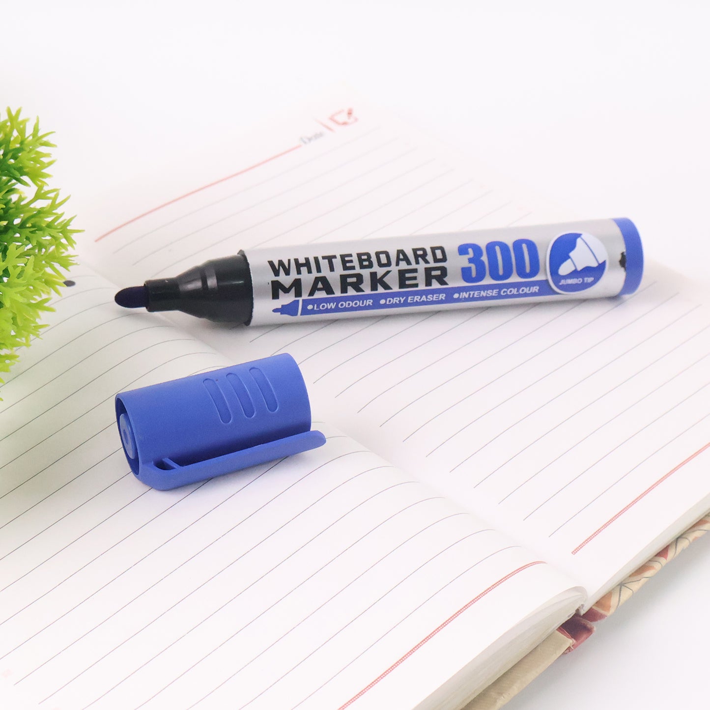 Whiteboard blue ink marker by Wukusy, jumbo tip, ideal for office use, shown with vibrant blue ink on a whiteboard surface.