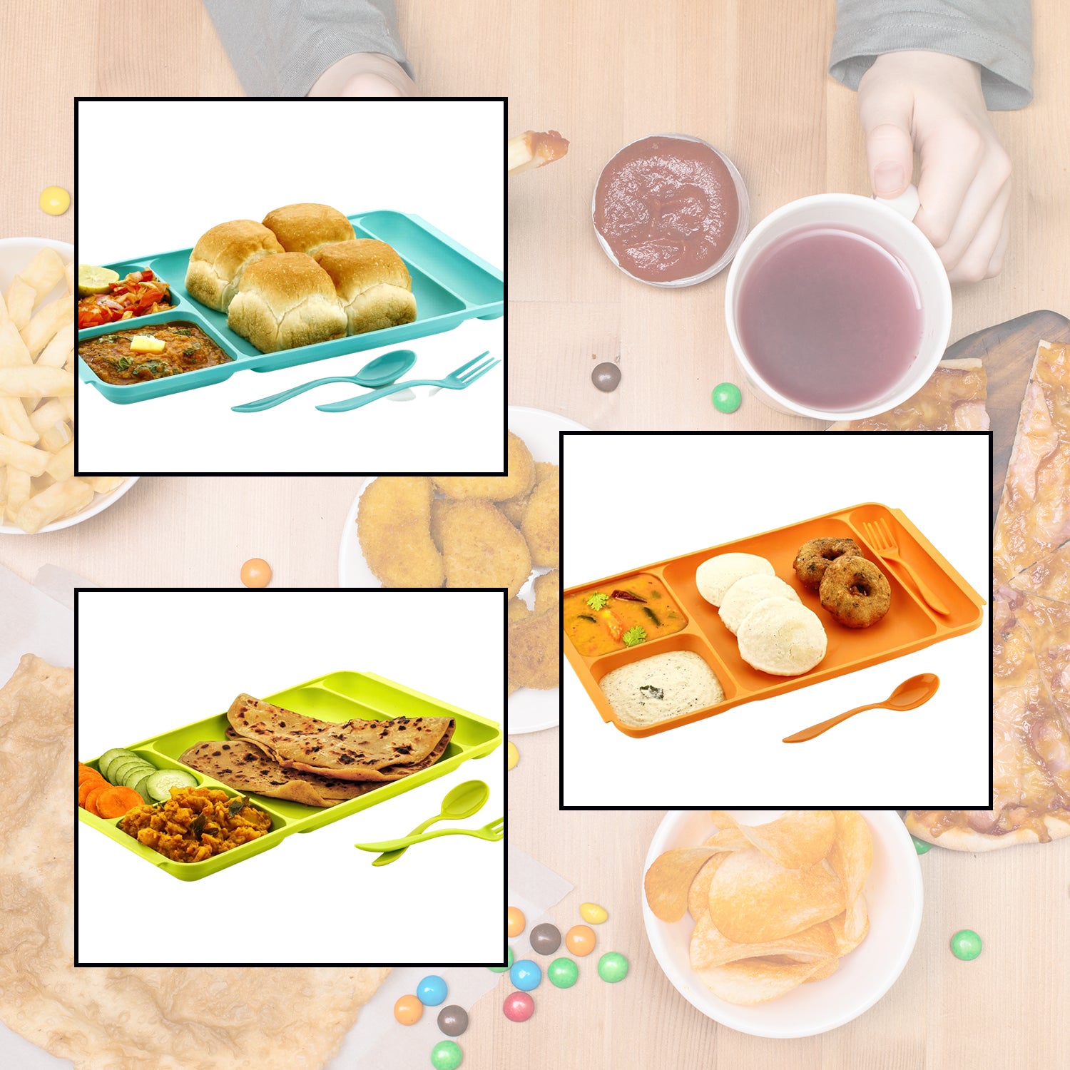 Wukusy 4-compartment plastic dish with spoon and fork, divided dinner plate for serving Pav Bhaji and other meals.
