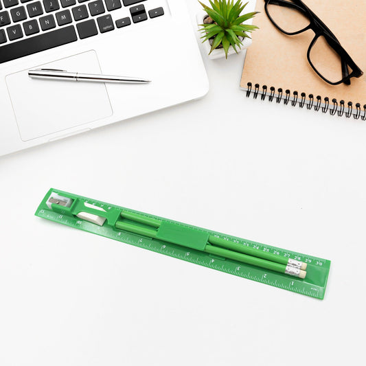 Wukusy school and office stationary set with ruler, 2 pencils, eraser, sharpener, and school gift pack for kids and students.