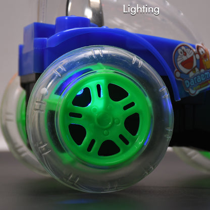 Wukusy rechargeable 360-degree stunt RC car with colorful 3D lights and music for kids, demonstrating its vibrant design and remote control features.