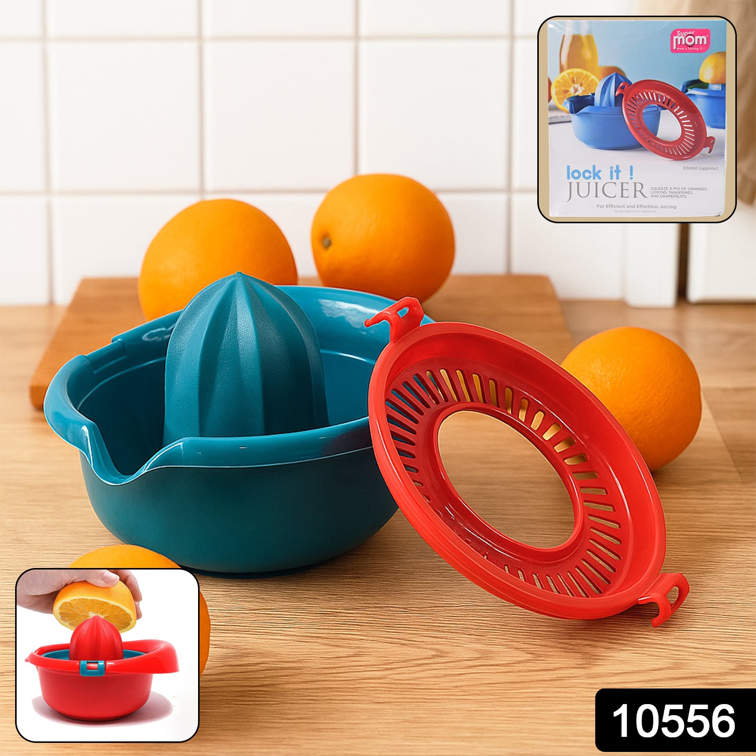 Wukusy Supermom manual hand citrus juicer in white with handle and reamer for fresh fruit juice extraction.