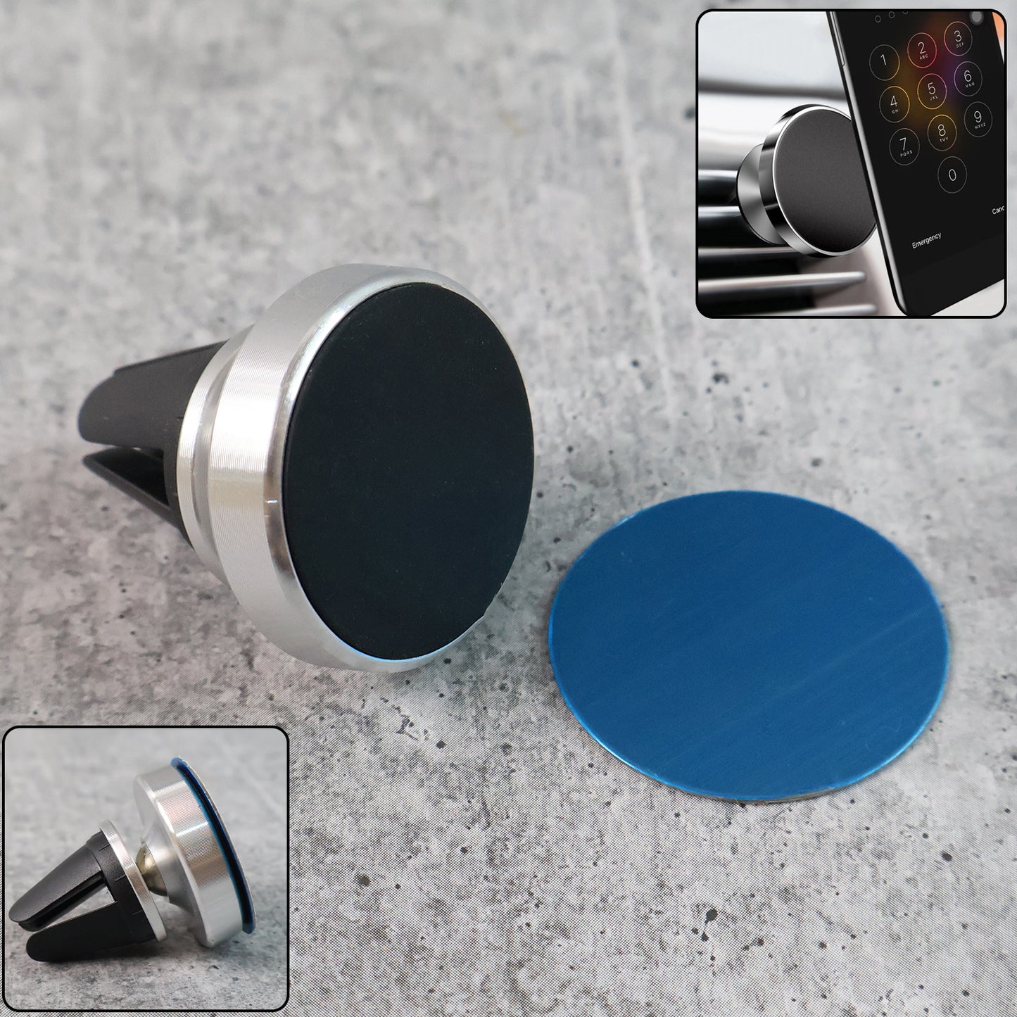 Wukusy 360 rotating magnetic phone holder stand attached to a car dashboard, holding a smartphone securely in place.