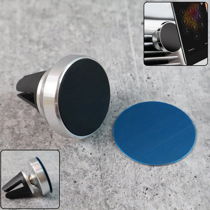 Wukusy 360 rotating magnetic phone holder stand attached to a car dashboard, holding a smartphone securely in place.