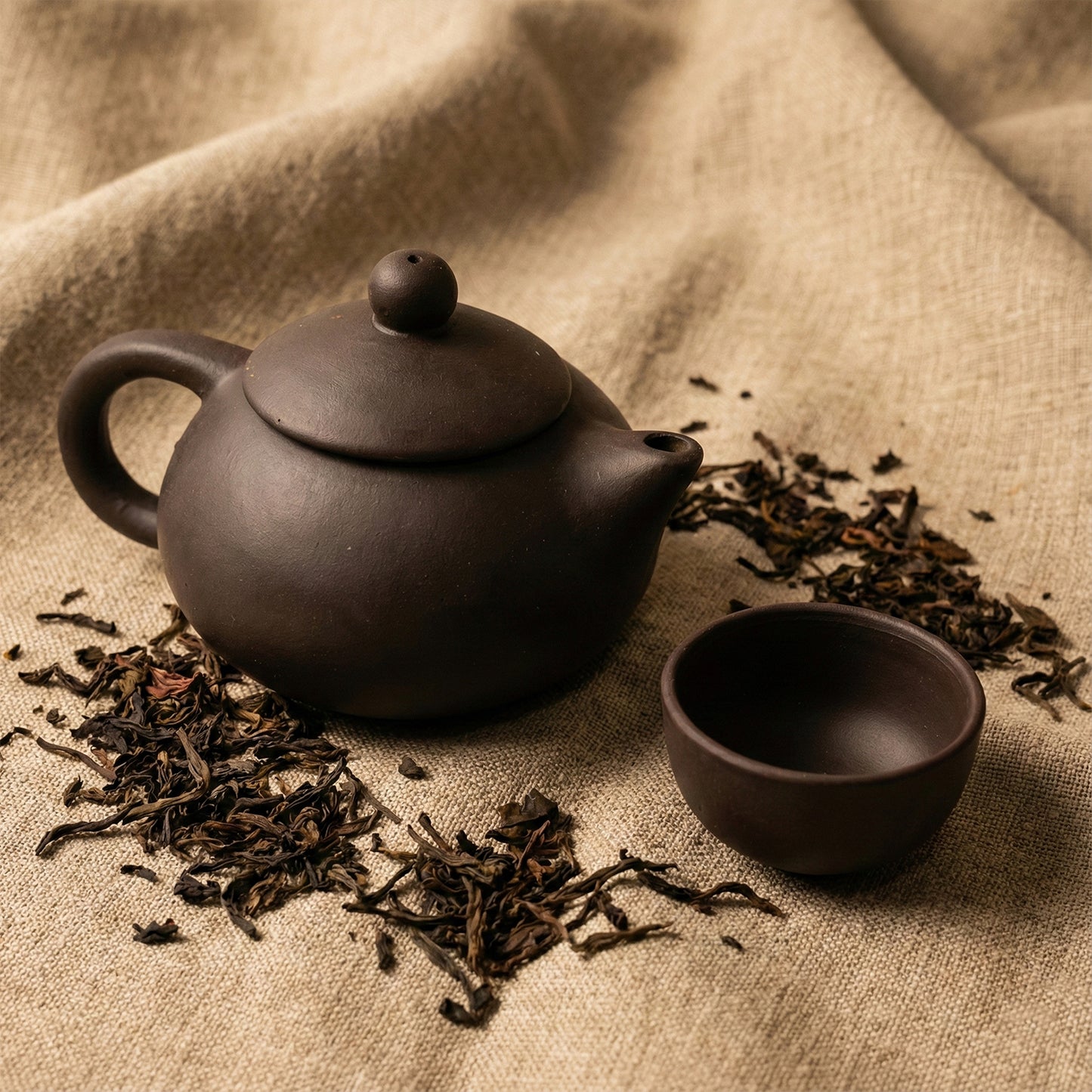 Black clay ceramic tea set with teapot and four cups by Wukusy, ideal for home & kitchen tea service.