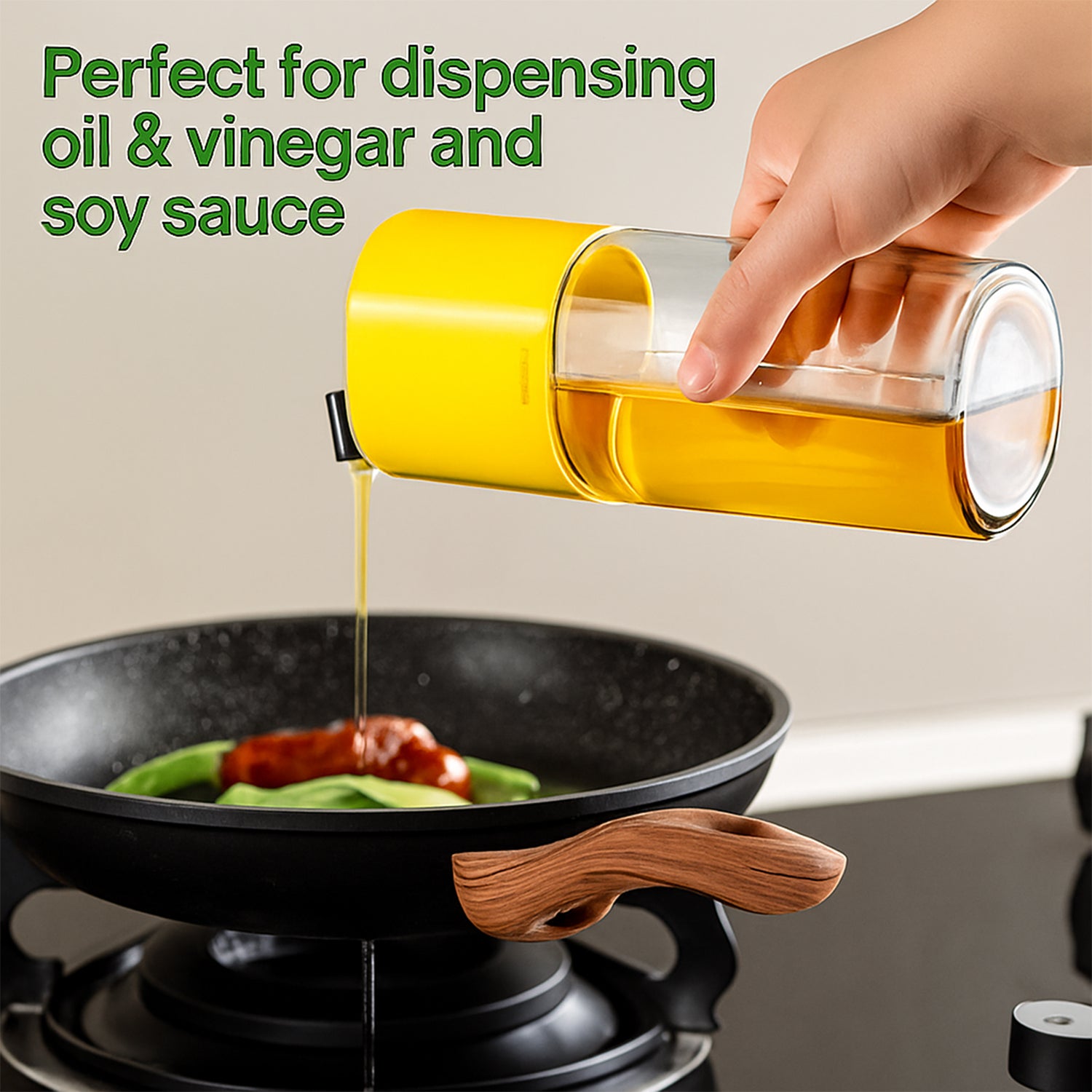 Wukusy 500ml automatic oil dispenser bottle with one-touch controlled pour spout for easy kitchen oil measuring and dispensing