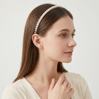 Wukusy premium pearl embellished slim hairband with decorative pearls and sleek design, perfect for elegant hairstyles.