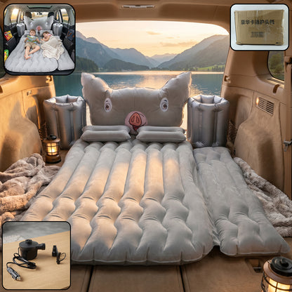 Wukusy portable car air mattress set with pig pillow and cushions, designed for travel comfort inside a vehicle.