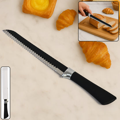 Wukusy 32cm serrated bread knife with ergonomic handle for precise slicing of bread and baked goods.