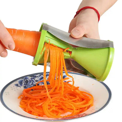 Wukusy 1853 portable handheld spiralizer with stainless steel blades for slicing vegetables and fruits into spirals for salads.