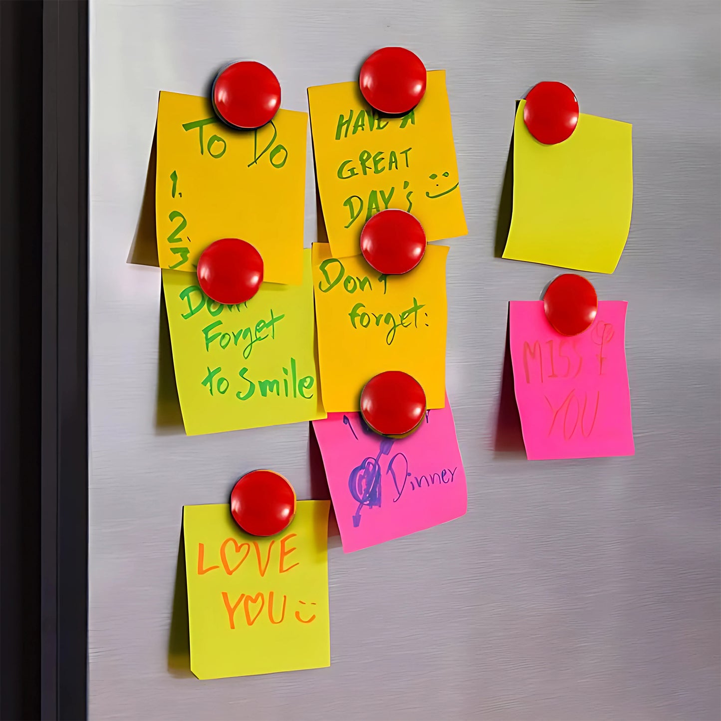 Red circular plastic board magnets with Wukusy branding, featuring a smooth surface and strong magnetic backing.