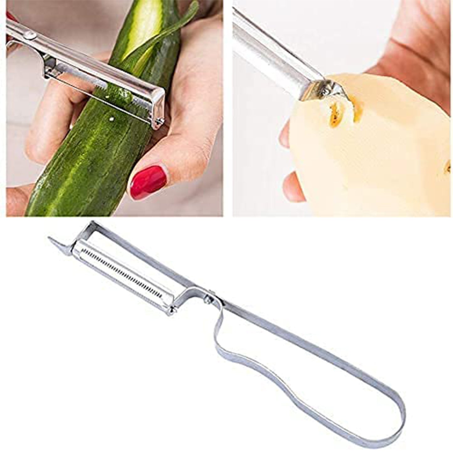 Wukusy 3-in-1 stainless steel vegetable and fruit peeler set with three different peelers for efficient kitchen prep.