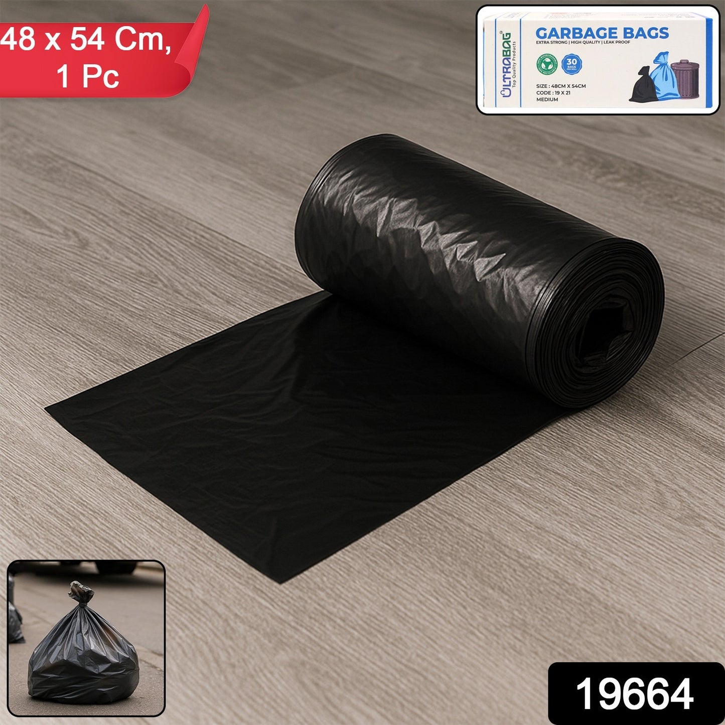 Wukusy extra-strong garbage bag roll, 48x54cm, single roll showing durable black plastic trash bags for household use