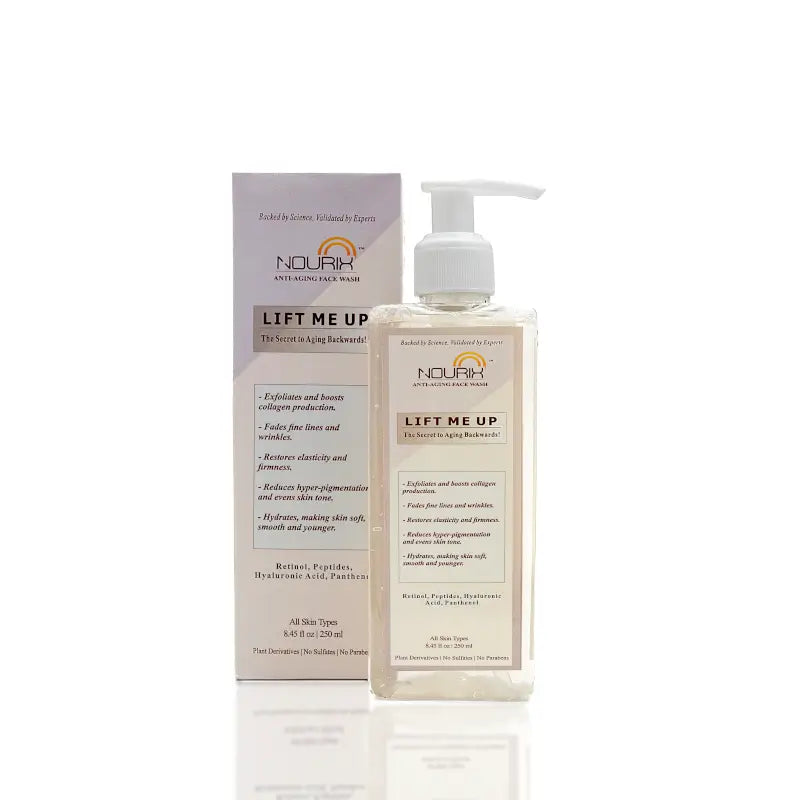 Nourix Lift Me Up face wash in a sleek bottle, designed for younger, radiant skin with all-in-one beauty benefits.