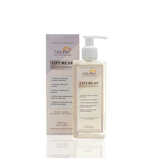 Nourix Lift Me Up face wash in a sleek bottle, designed for younger, radiant skin with all-in-one beauty benefits.