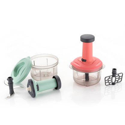 Wukusy 5102 2-in-1 manual food chopper with stainless steel blades, 800ml capacity, for chopping fruits, vegetables, herbs, and onions.