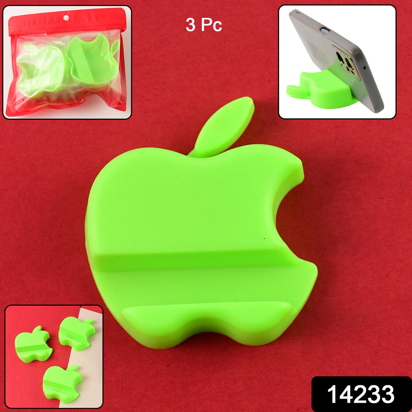 Three colorful apple-shaped plastic mobile phone holders by Wukusy, designed to keep phones stable and accessible.