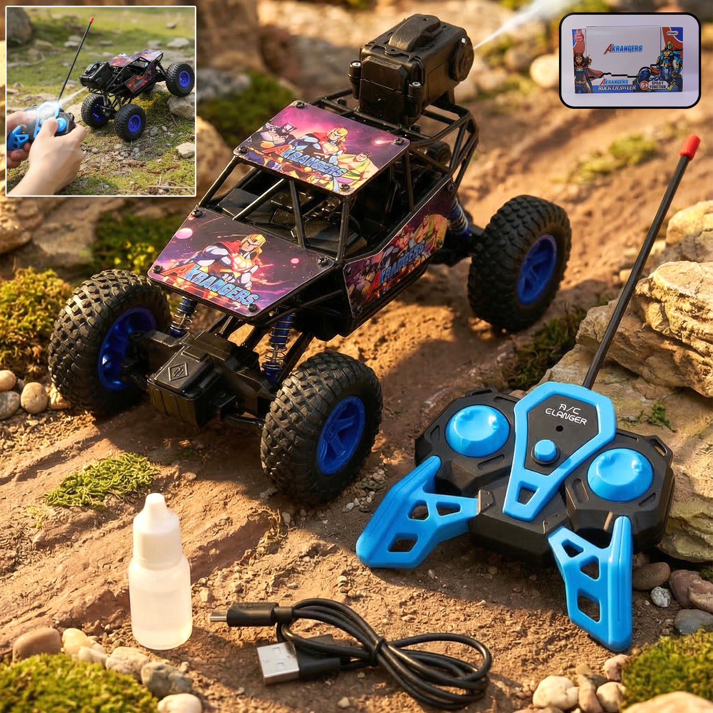 Wukusy remote control rock crawler off-road toy car on rugged terrain, showcasing durable tires and compact design.