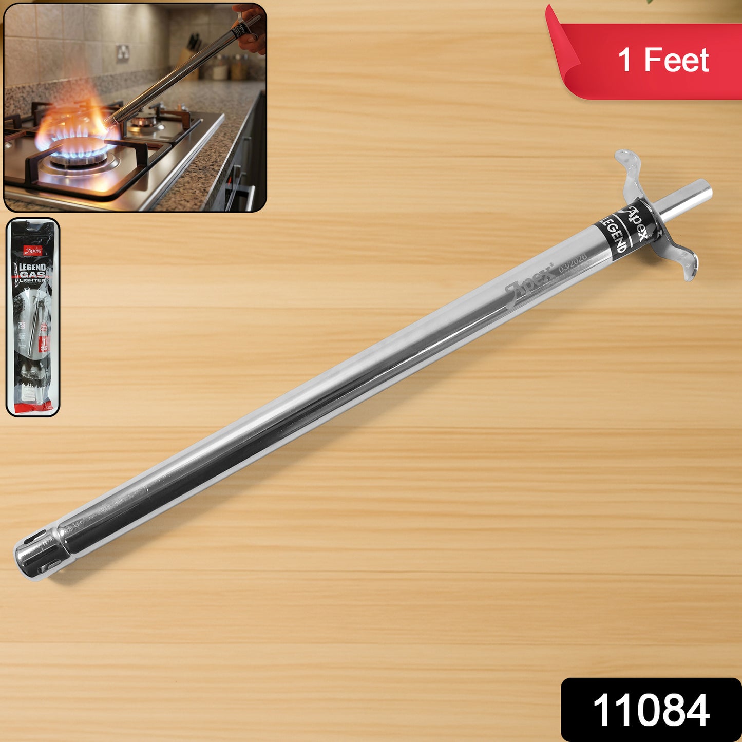Wukusy long stainless steel gas stove lighter, 1-foot length, with a sleek metallic handle and ignition button for easy lighting.