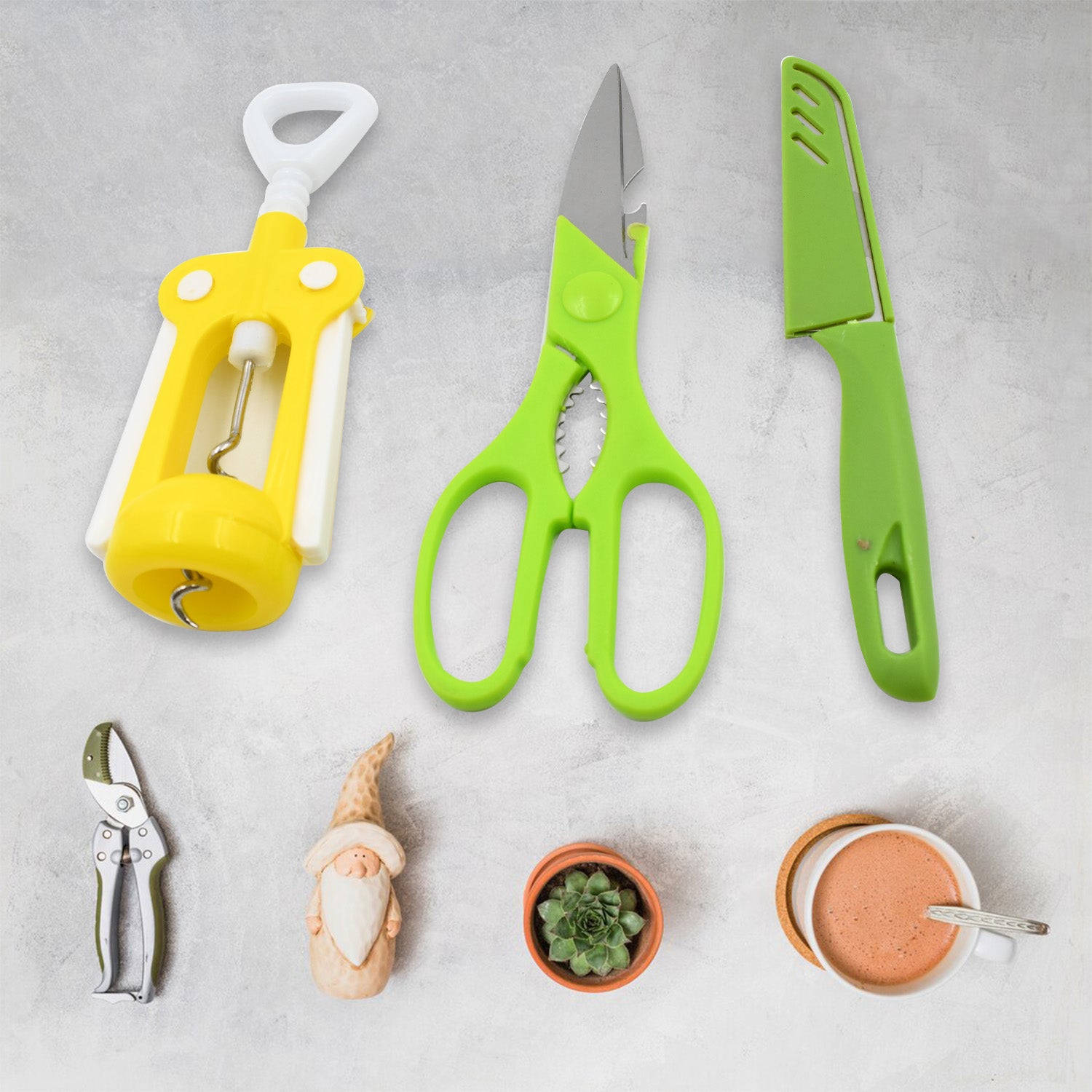 Wukusy 9142 multifunction kitchen tools set including stainless steel knife and plastic scissors for home and kitchen use