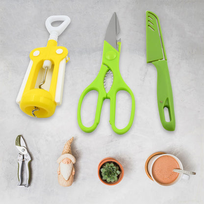 Wukusy 9142 multifunction kitchen tools set including stainless steel knife and plastic scissors for home and kitchen use