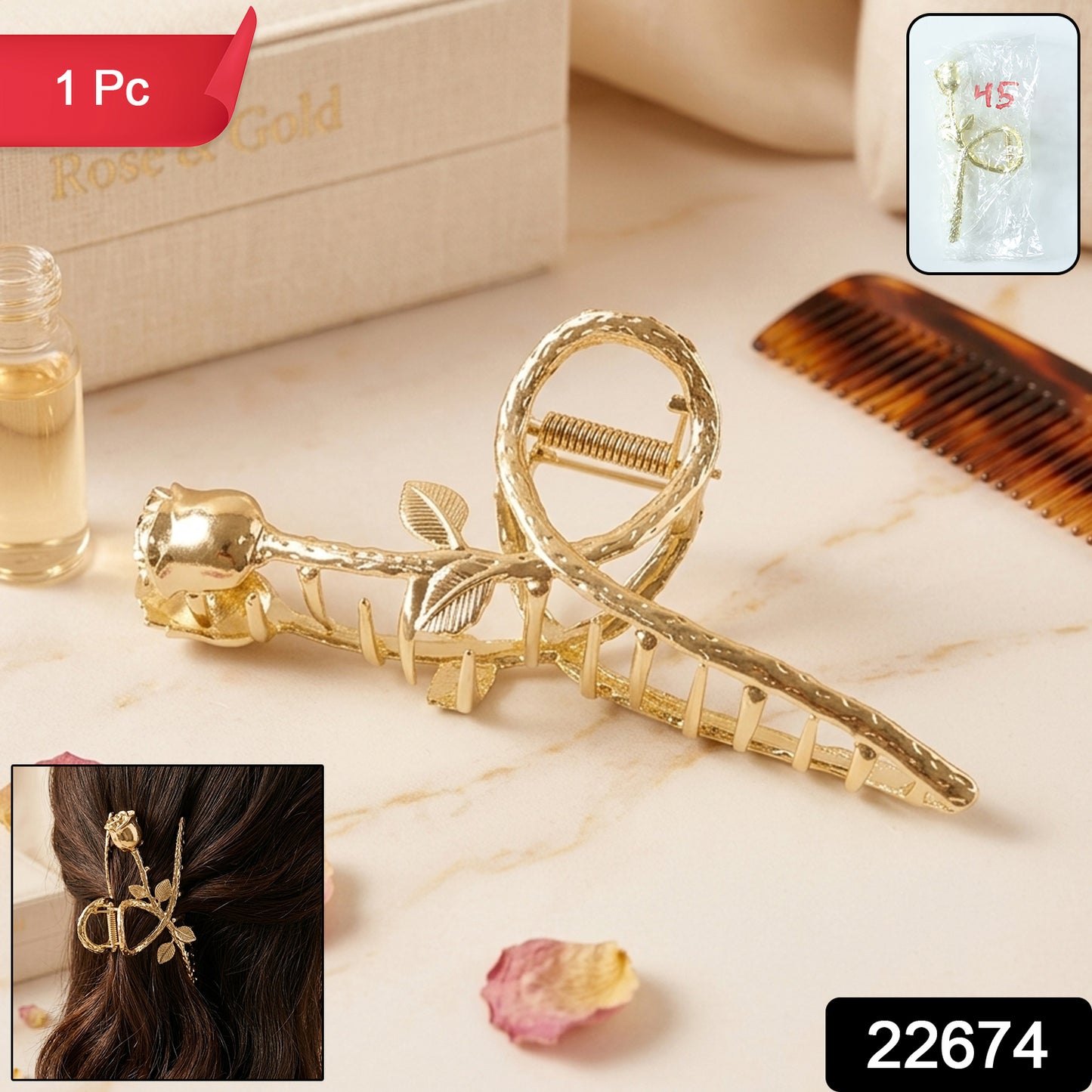 Gold rose design hair claw clip by Wukusy, elegant accessory with floral detail, perfect for securing hair stylishly.