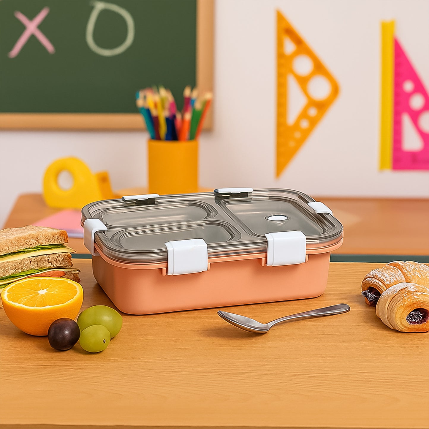 Wukusy 3-compartment lunch box in plastic with separate sections for food storage, ideal for home and kitchen use.