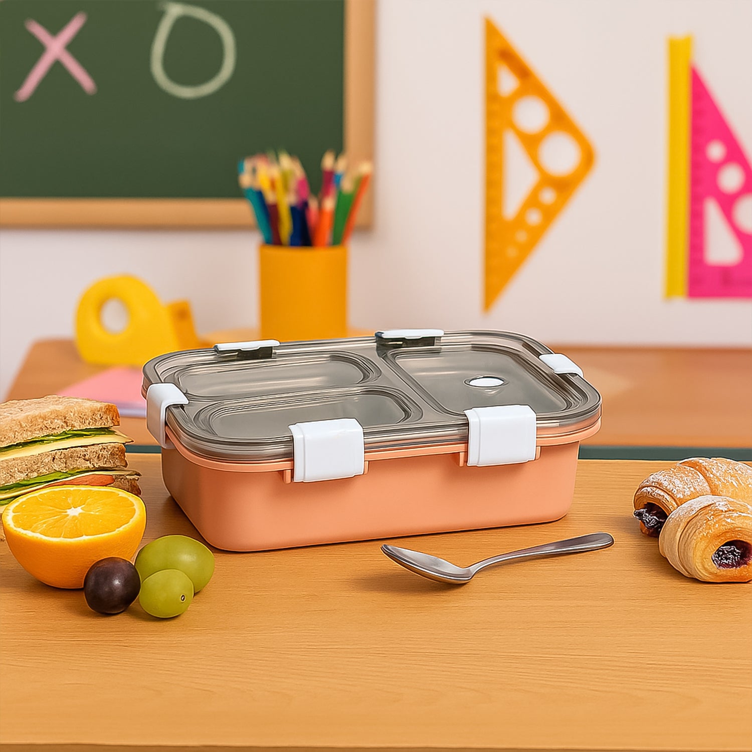 Wukusy 3-compartment lunch box in plastic with separate sections for food storage, ideal for home and kitchen use.