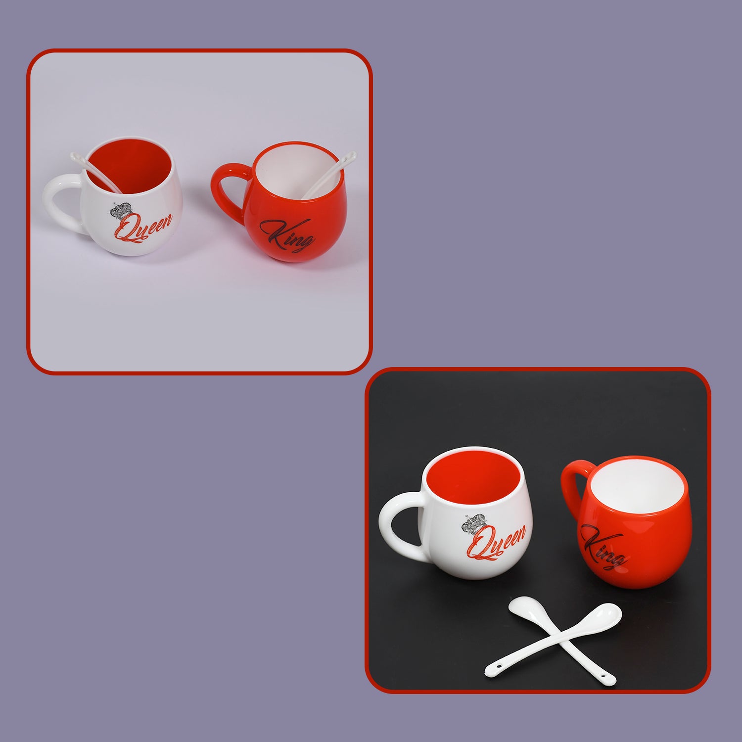 Wukusy King and Queen printed couple coffee mugs, 300ml plastic set of 2, featuring matching fashion design for coffee or tea.