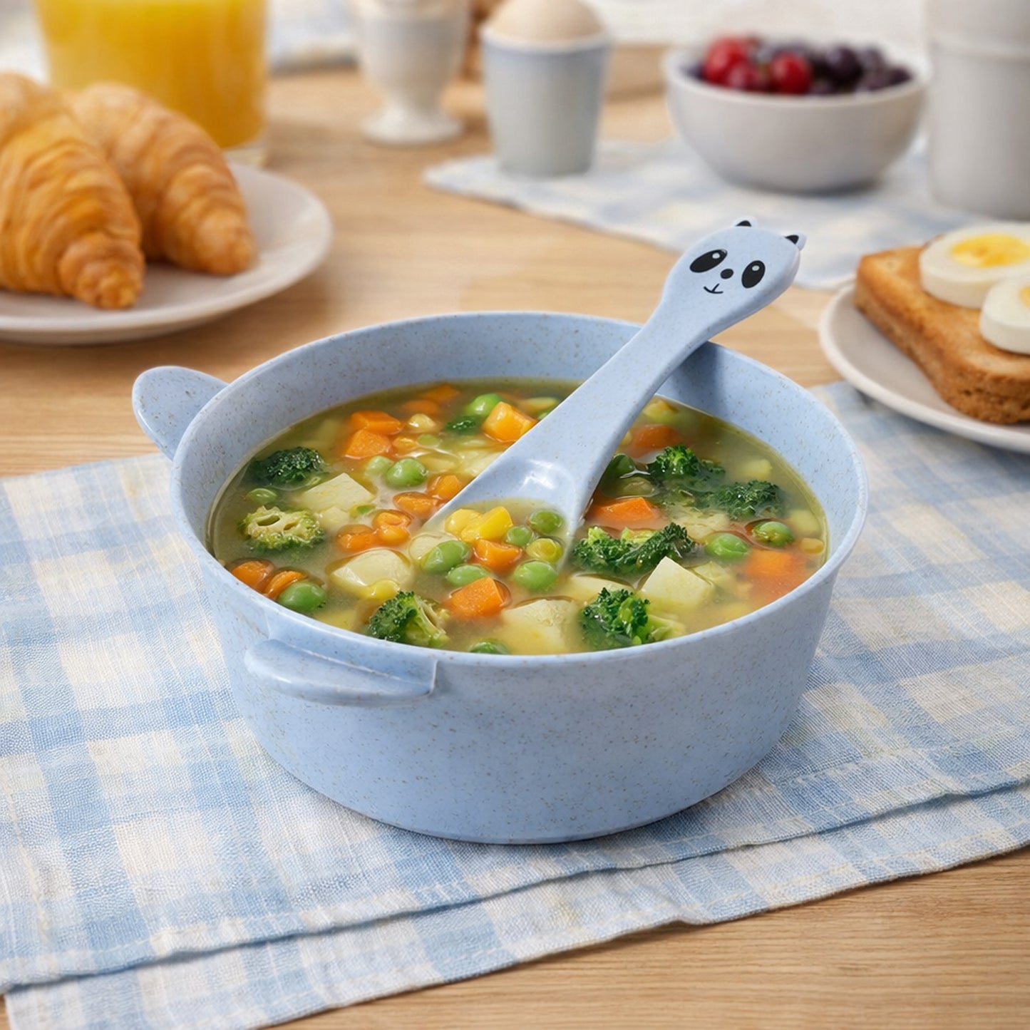 Wukusy wheat straw kids soup bowl with matching spoon, 240ml, lightweight and eco-friendly for children.