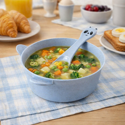 Wukusy wheat straw kids soup bowl with matching spoon, 240ml, lightweight and eco-friendly for children.