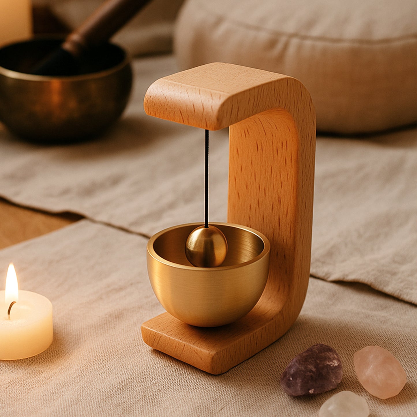 Wukusy Premium Desktop Japanese Zen Bell with wooden handle and metal clapper, designed for calming meditation and relaxation.