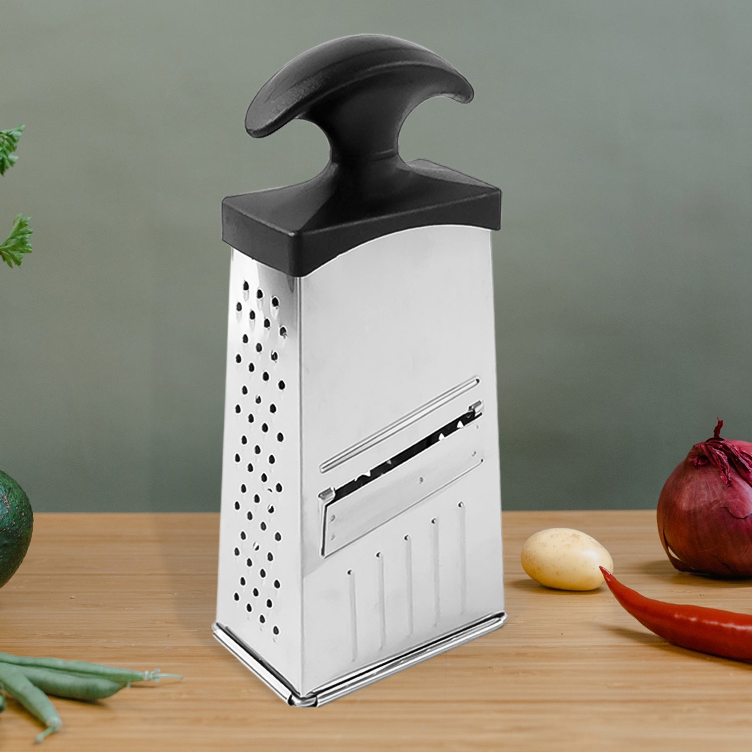 Wukusy Apex Classic 4-in-1 stainless steel grater and slicer with handle for versatile kitchen prep.
