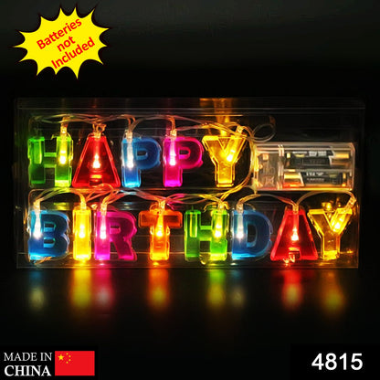 Wukusy 4815 Happy Birthday LED string lights with multicolored plastic letters for outdoor home decor, battery operated.
