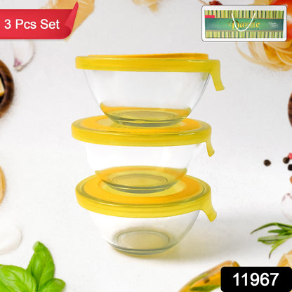 Wukusy Dazzle Glass Bowl Set with 3 mixing and storage bowls with lids, clear glass kitchenware for versatile food prep and storage